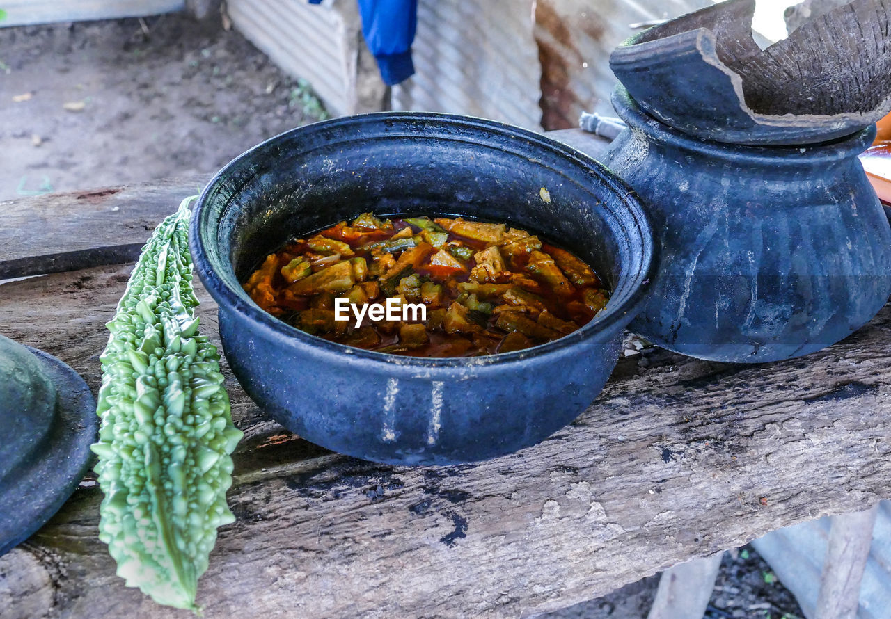 High angle view of vegetables in bowl on table