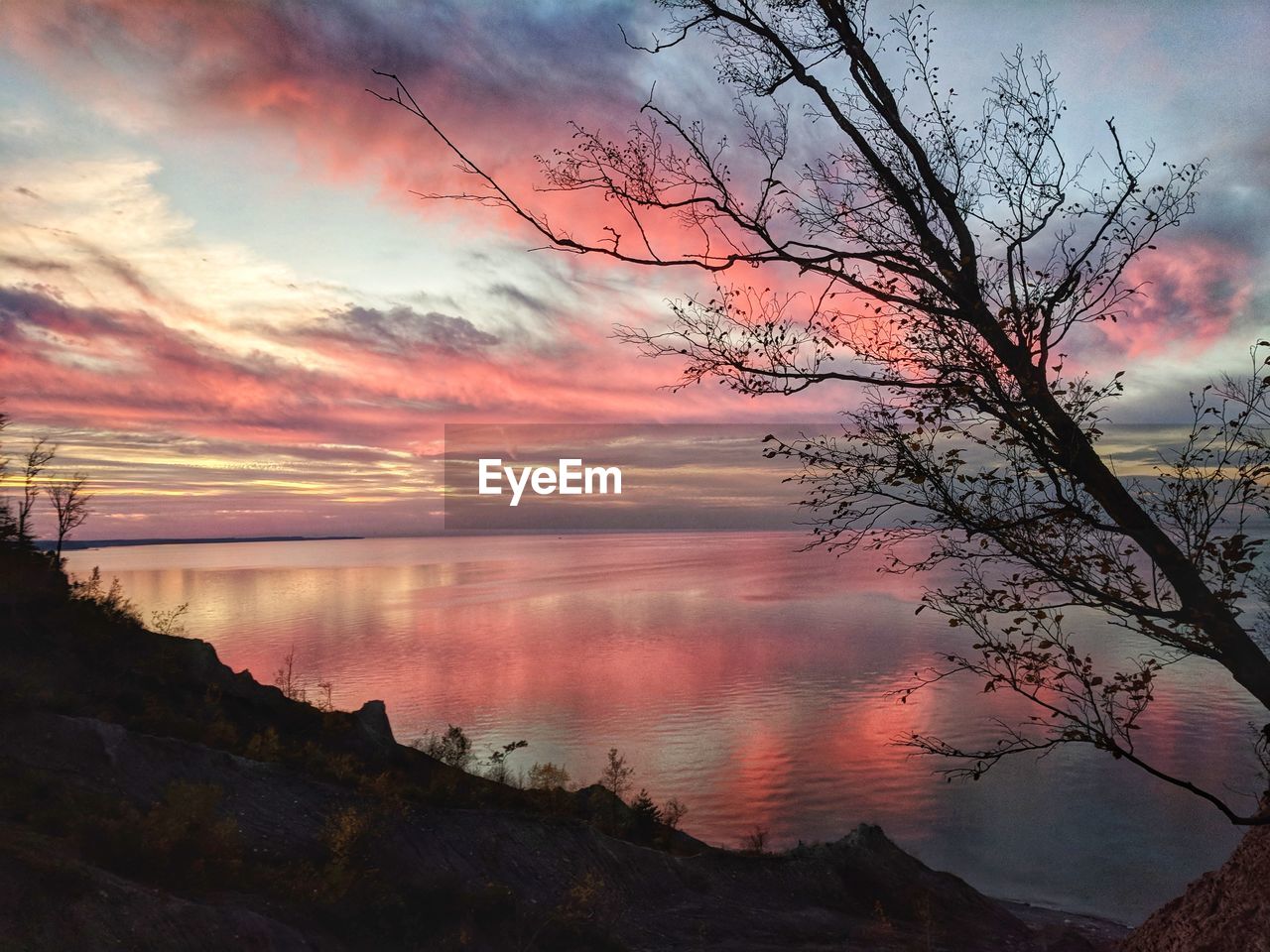 Scenic view of lake against sky during sunset