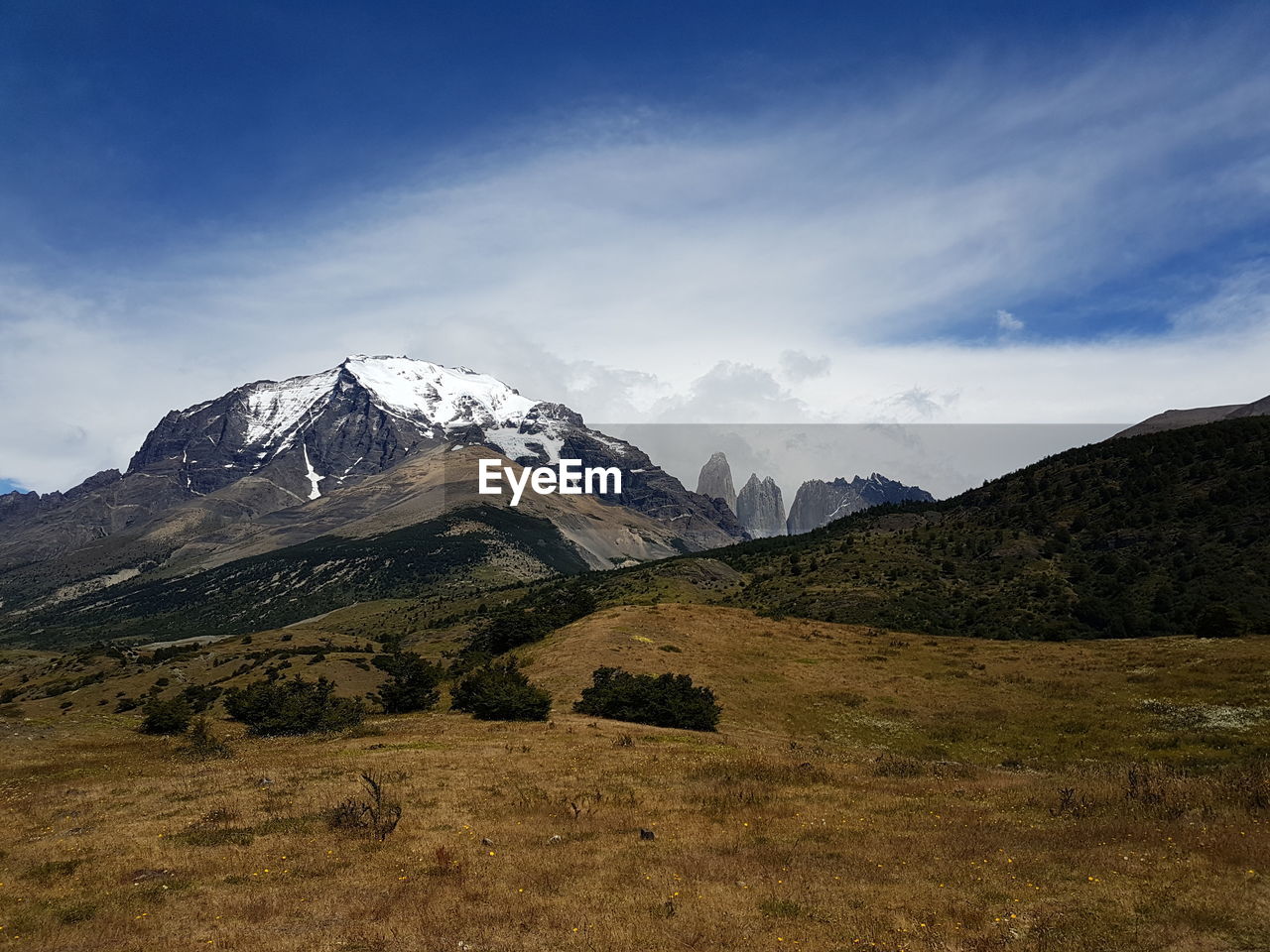 Scenic view of snowcapped mountains against sky in torres del paine park in the chilean patagonia