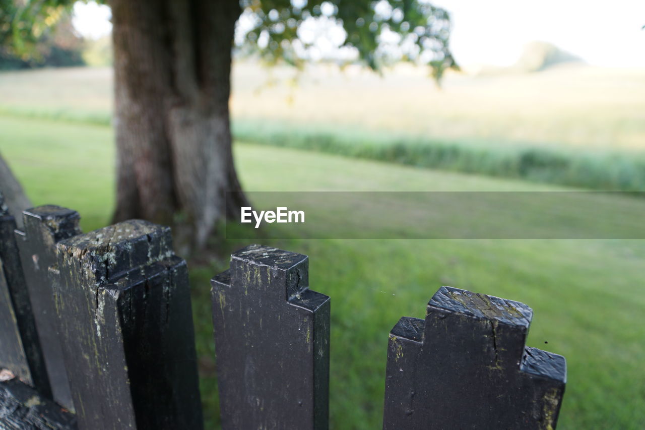 CLOSE-UP OF WOODEN POST ON FENCE