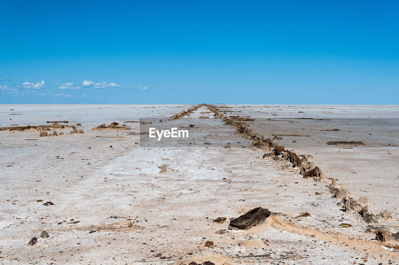 Scenic view of beach against clear blue sky