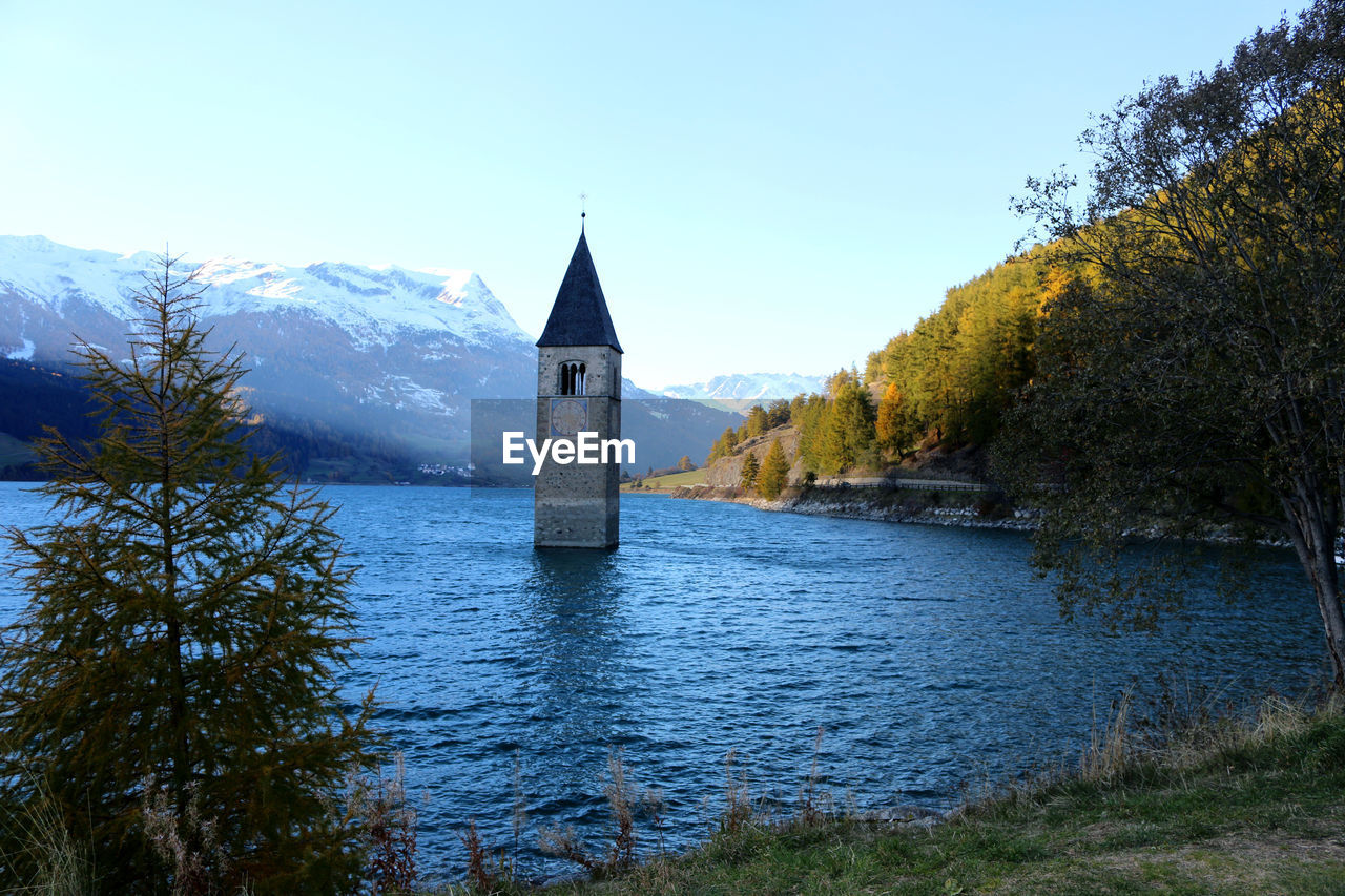 Church under the lake in south tyrol in italy 