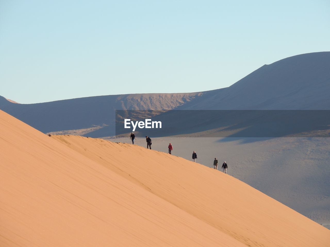 Group of people on desert against clear sky