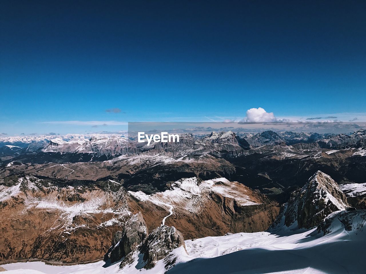 Scenic view of snowcapped mountains against clear blue sky