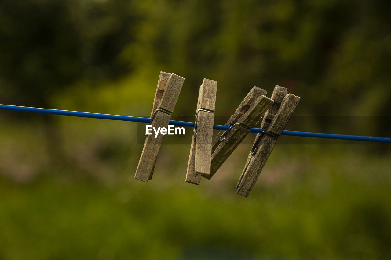 Close-up of clothespins hanging on rope