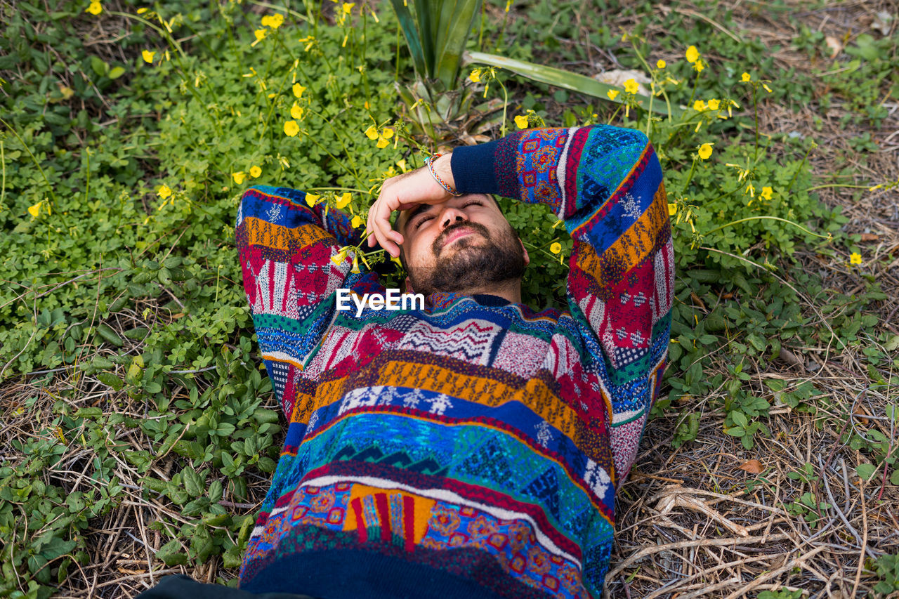 lying down, one person, plant, relaxation, grass, adult, nature, men, leisure activity, land, lying on back, sleeping, high angle view, child, lifestyles, field, day, resting, outdoors, eyes closed, casual clothing, flower, green, autumn, multi colored, person, tree, blanket, beard, portrait, young adult, facial hair, clothing, smiling, front view, emotion