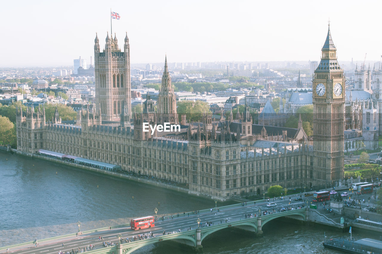 Aerial view of westminster palace and bridge with thames river in city