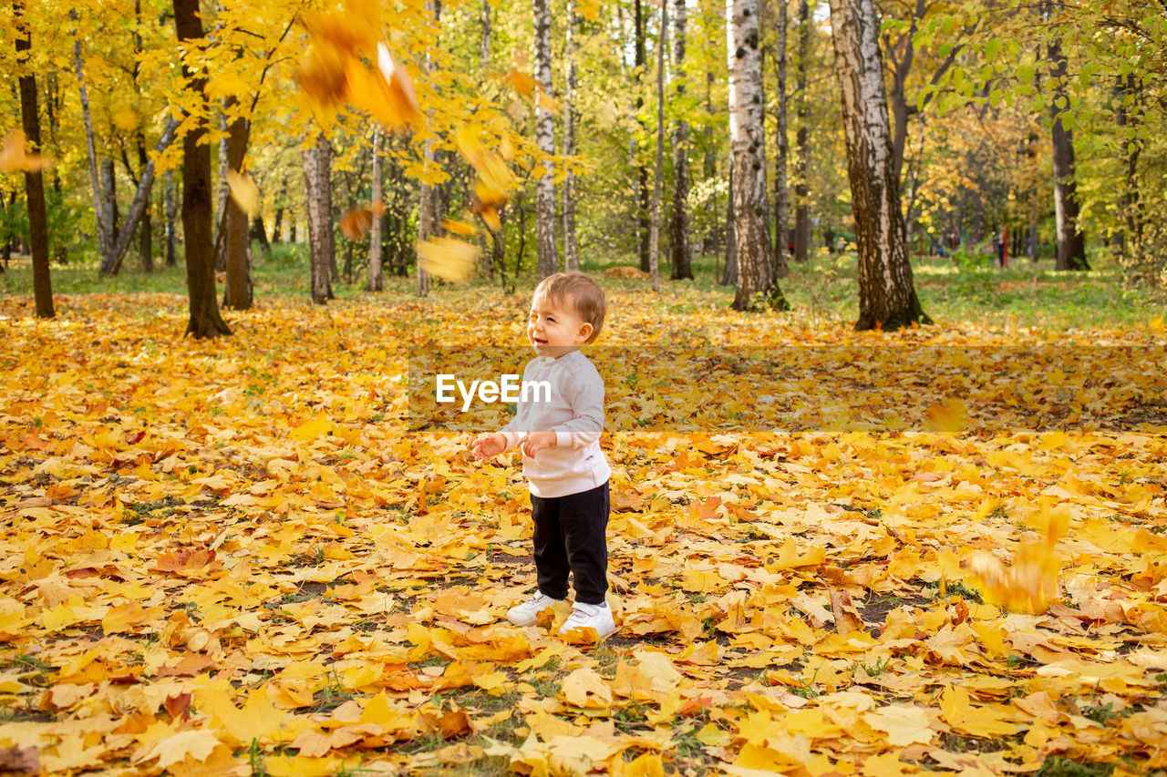 FULL LENGTH OF GIRL STANDING ON YELLOW LEAVES