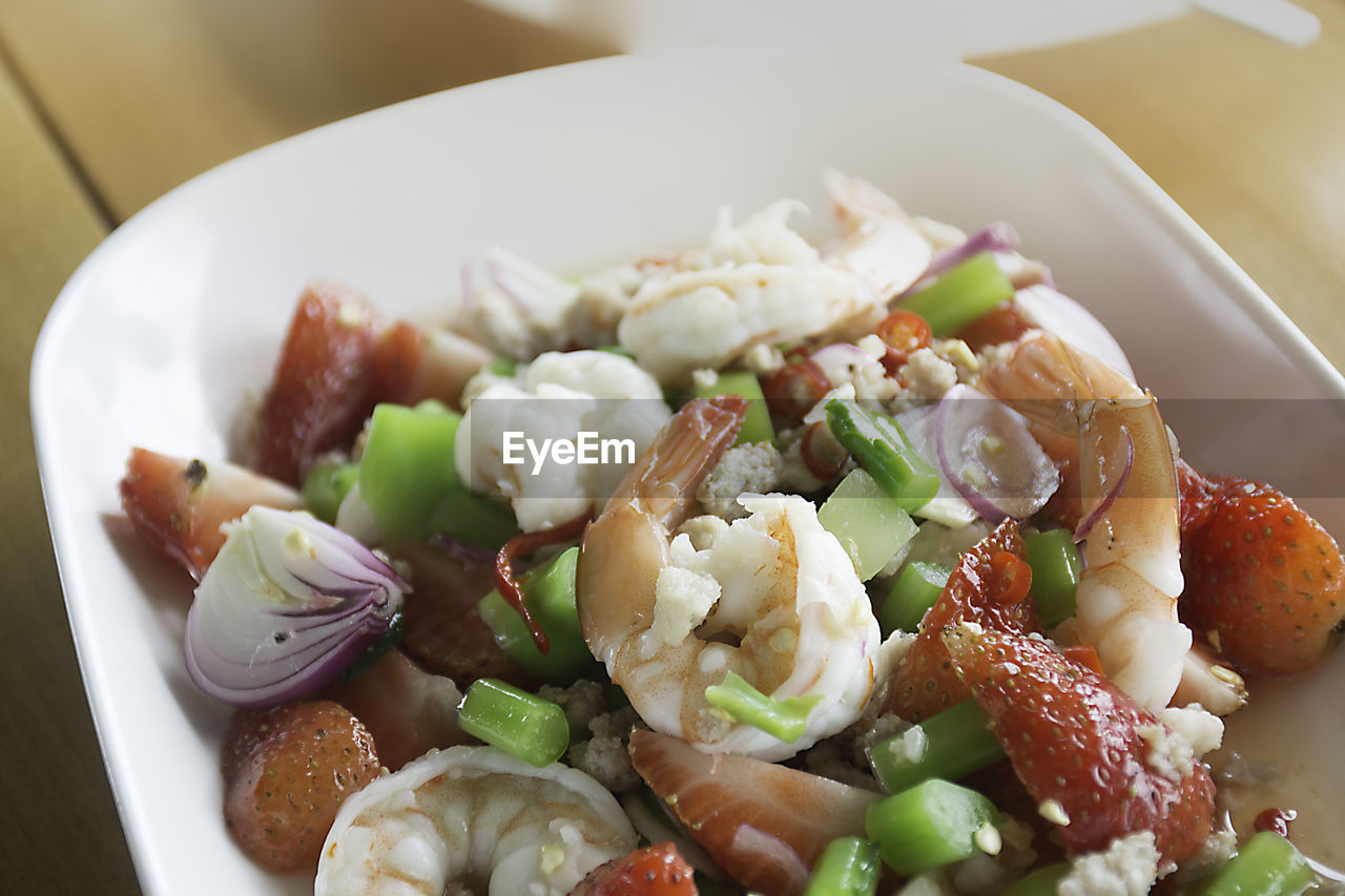 High angle view of prawn salad in plate