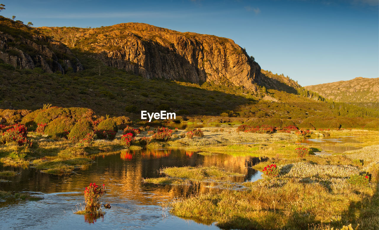 Late afternoon light and reflected rock face in mountain tarn in tasmania
