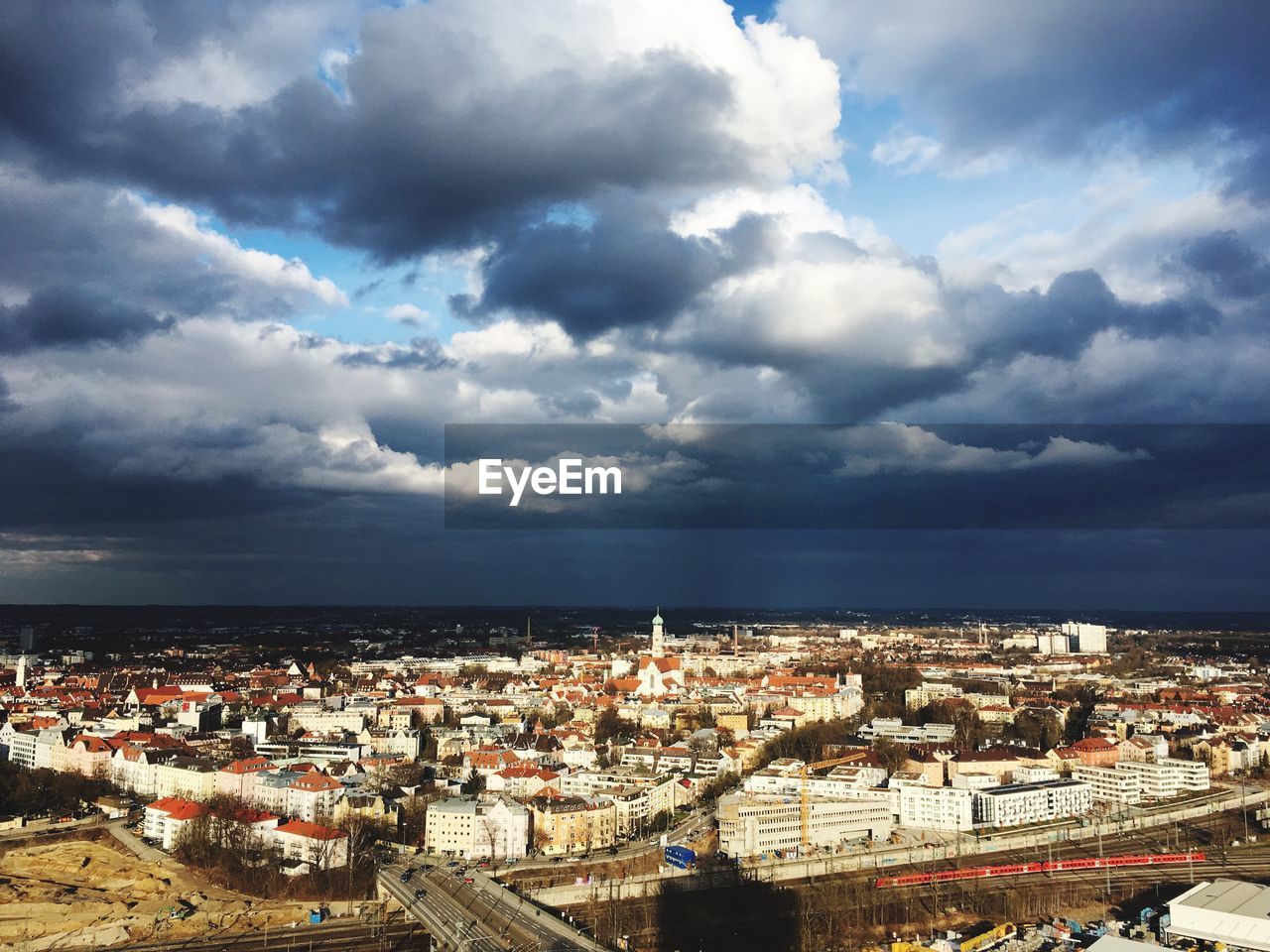 High angle shot of townscape against sky