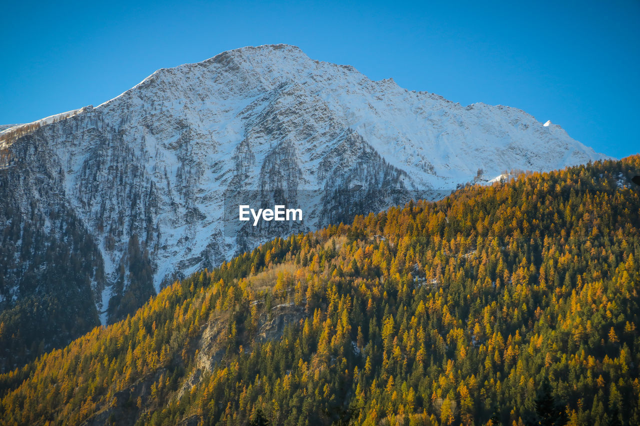 Scenic view of snowcapped mountains against clear sky