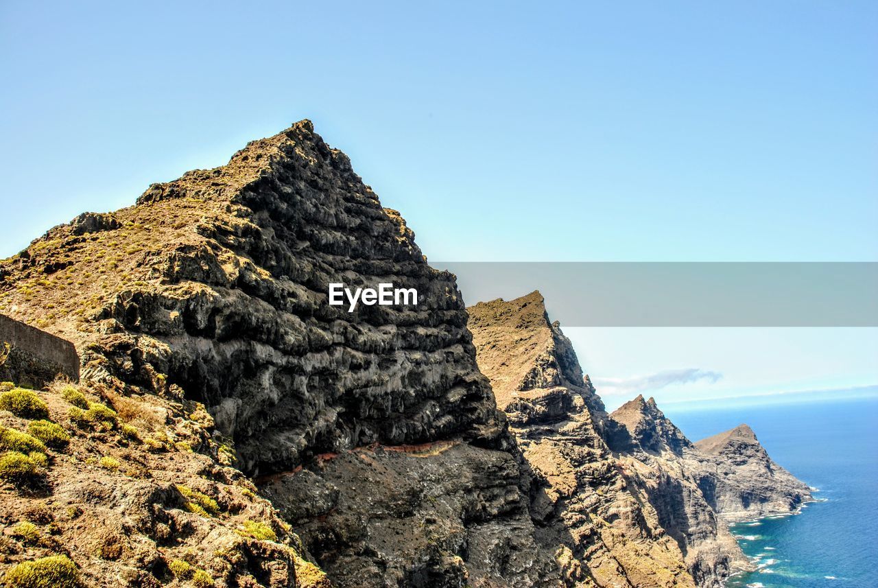 Rock formation by sea against clear blue sky