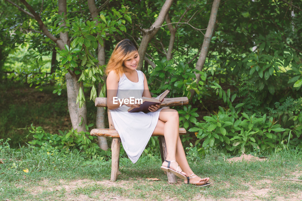 Woman reading book while sitting on bench against trees