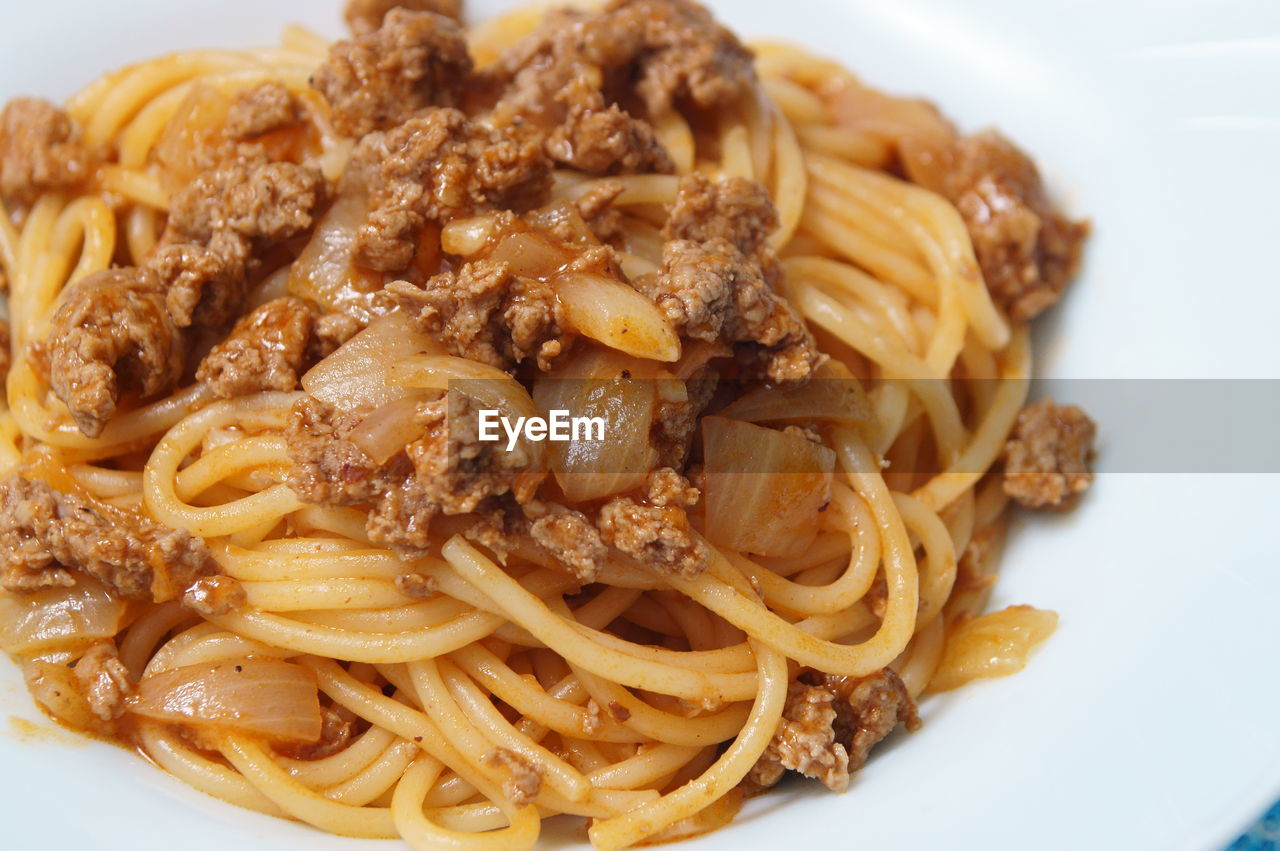 CLOSE-UP OF NOODLES WITH SAUCE IN PLATE