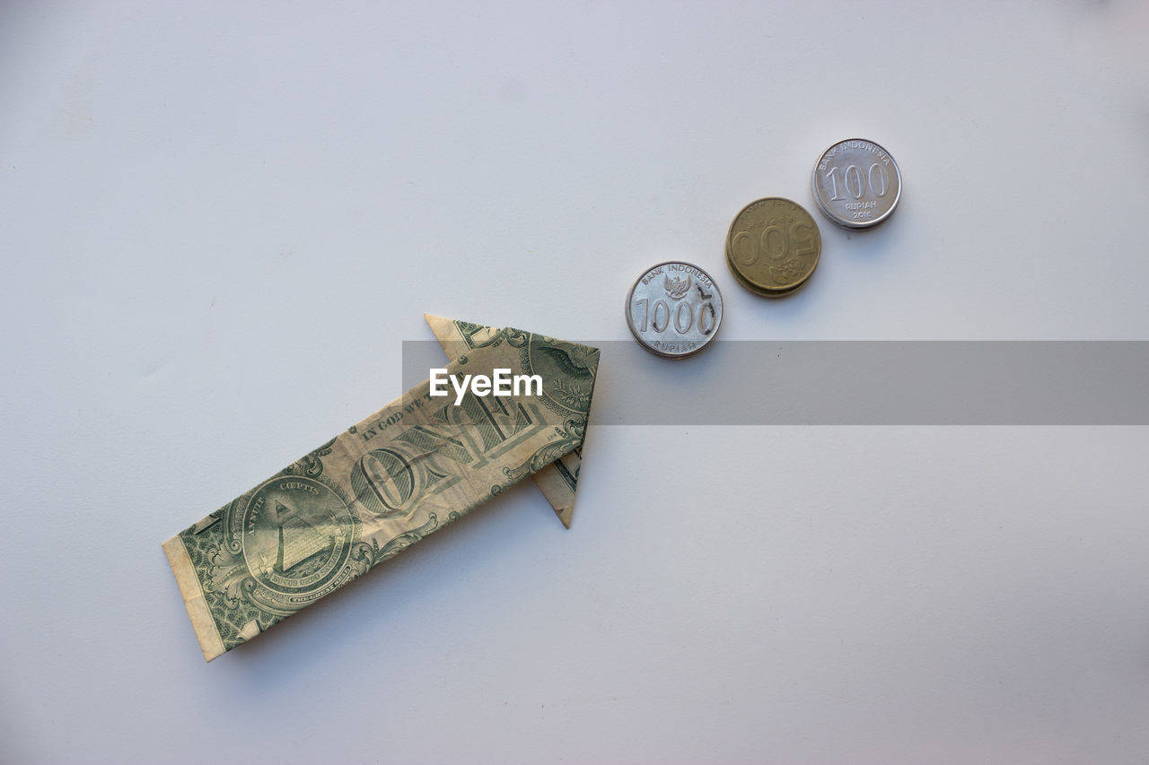 directly above shot of coins on white background