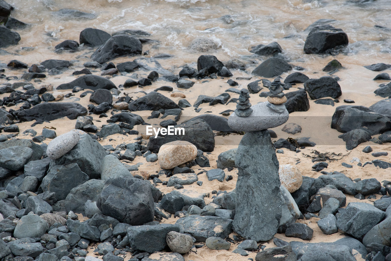 High angle view of rocks on beach