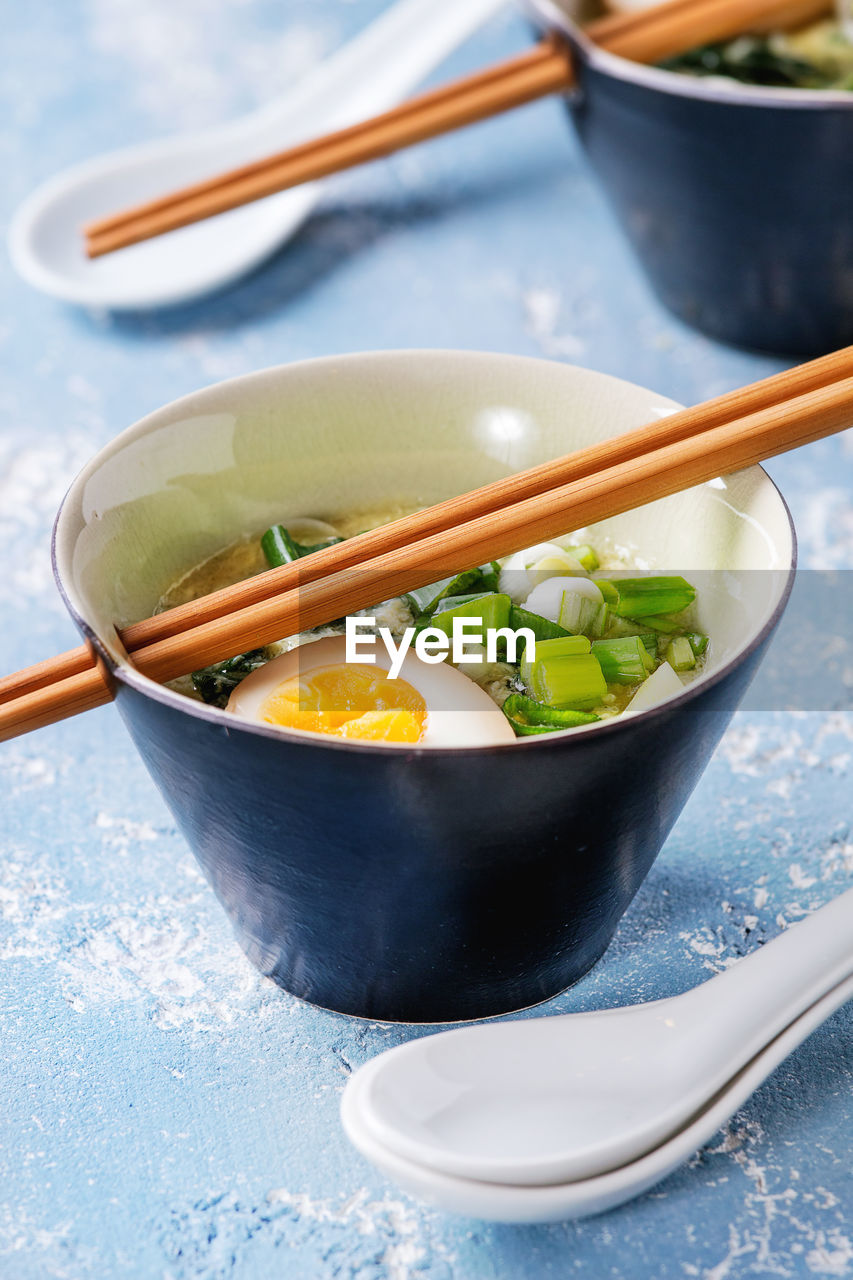 High angle view of food in bowl on table