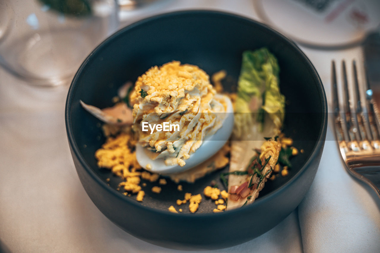 High angle view of breakfast served on table