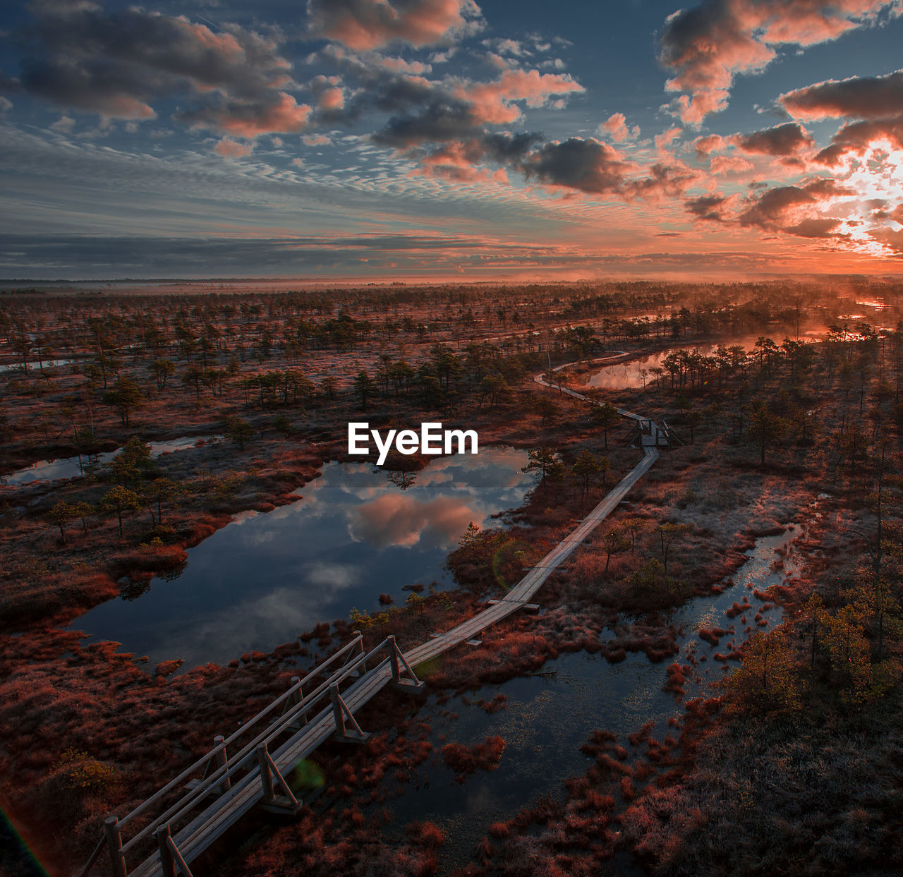 HIGH ANGLE VIEW OF LANDSCAPE AGAINST SUNSET SKY