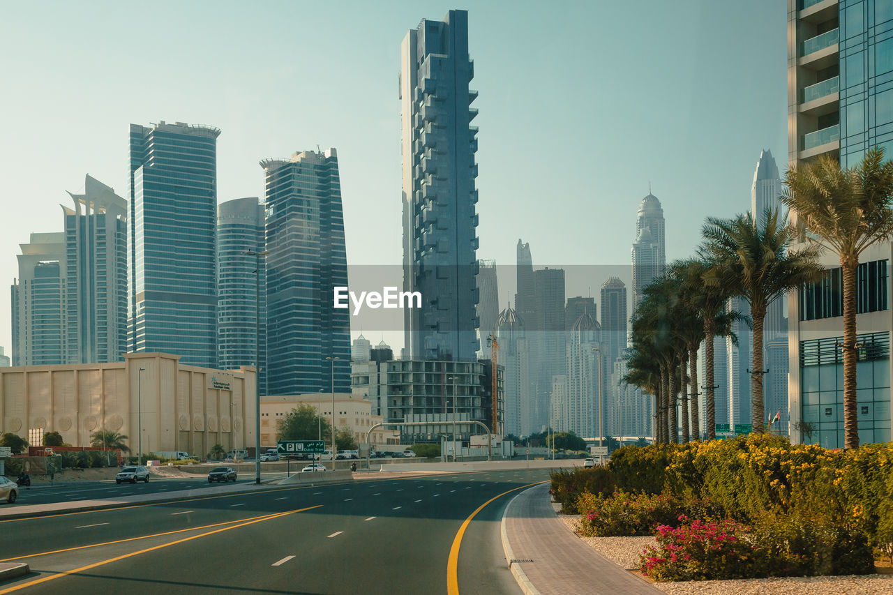 View of city buildings against clear sky. united arab emirates. dubai city view highway.