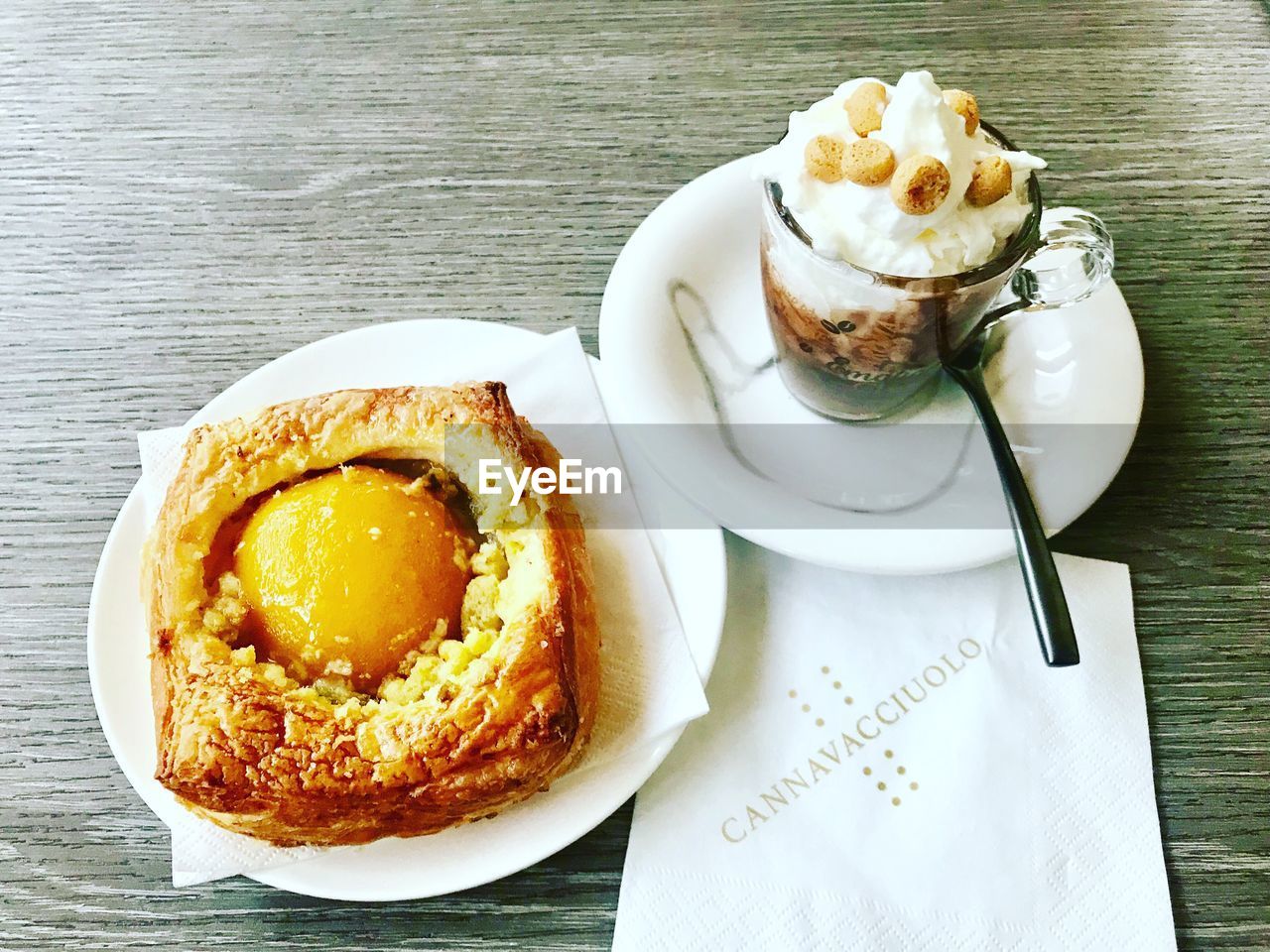 HIGH ANGLE VIEW OF BREAKFAST WITH COFFEE AND CREAM