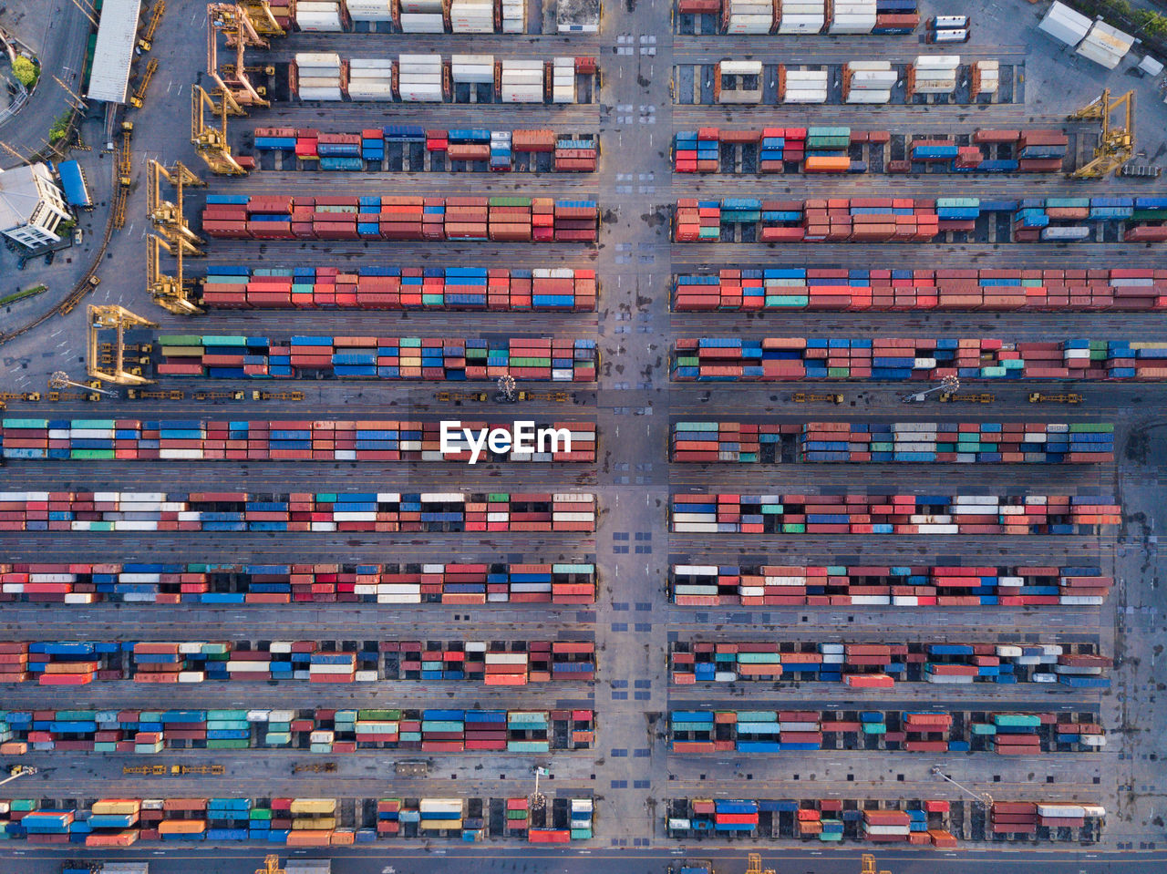 Aerial view of containers at harbor