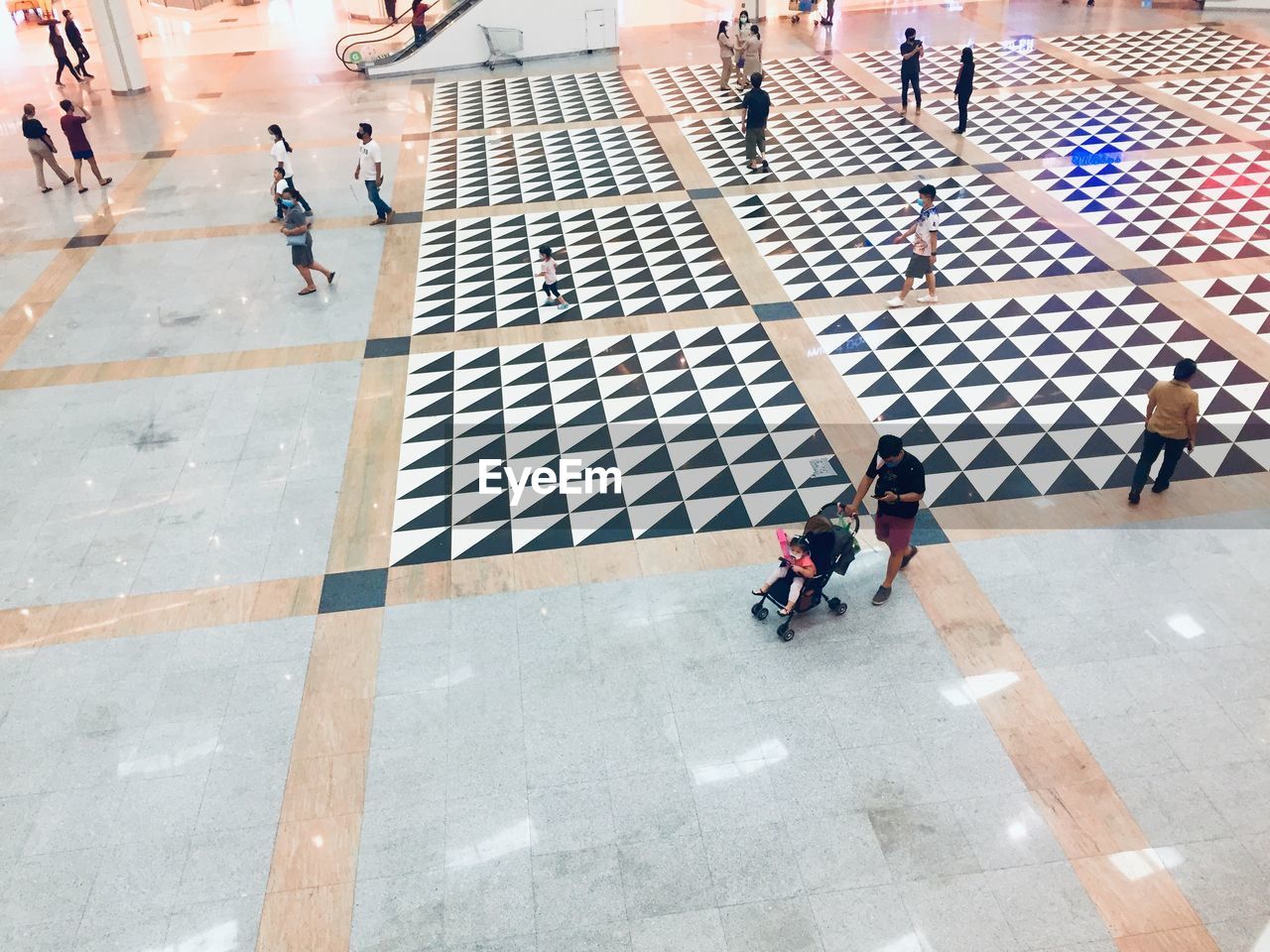 HIGH ANGLE VIEW OF PEOPLE WALKING ON ZEBRA CROSSING