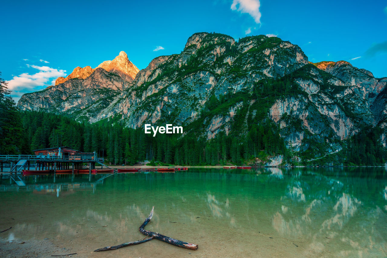 Panoramic view of the braies lake in the dolomites in italy.