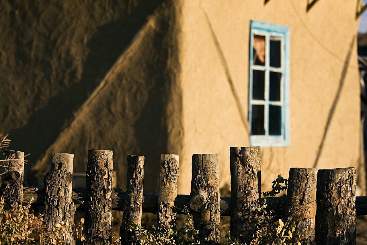 Weathered bamboo fence against house