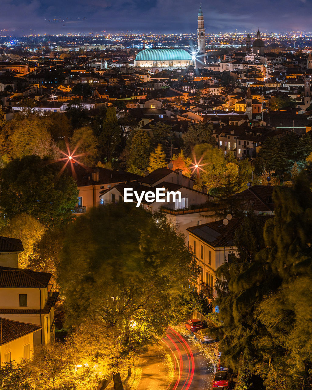 High angle view of illuminated buildings at night