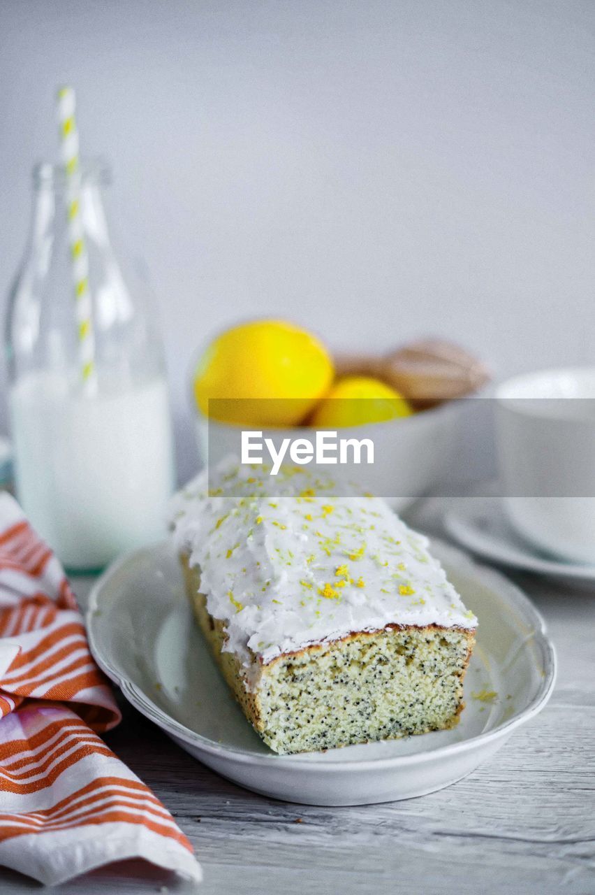 Close up of lemon and poppy seed cake 