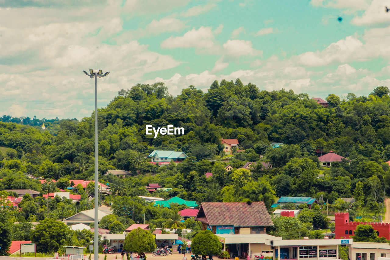 HIGH ANGLE VIEW OF TREES AND HOUSES AGAINST SKY