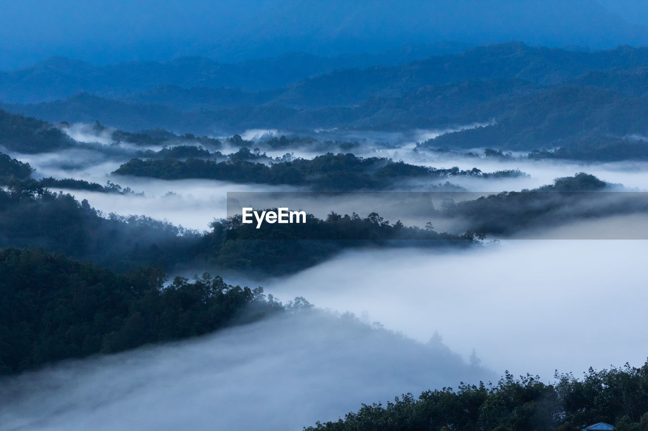 High angle view of trees and mountains against sky