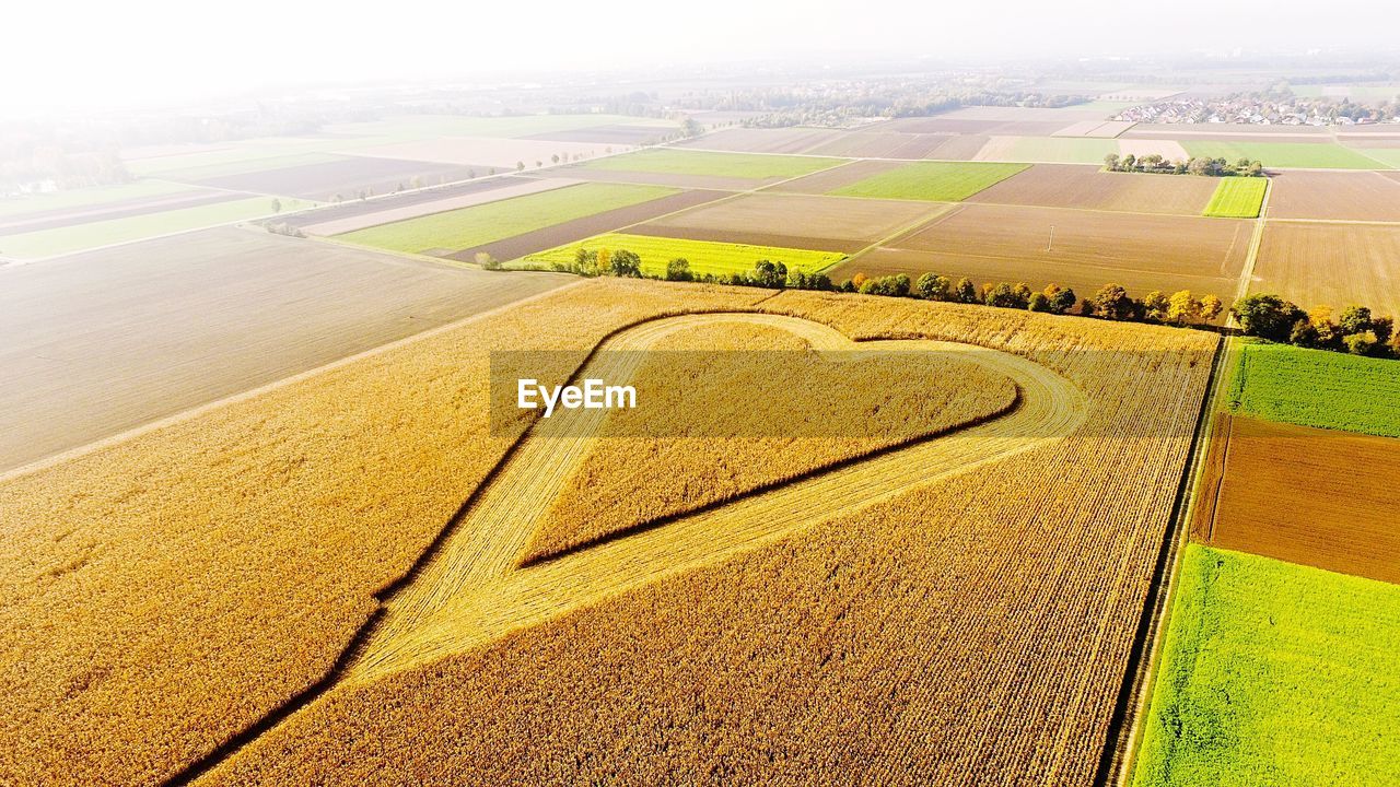 High angle view of field against sky