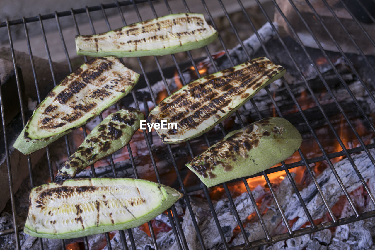Close-up of zucchini on barbecue grill
