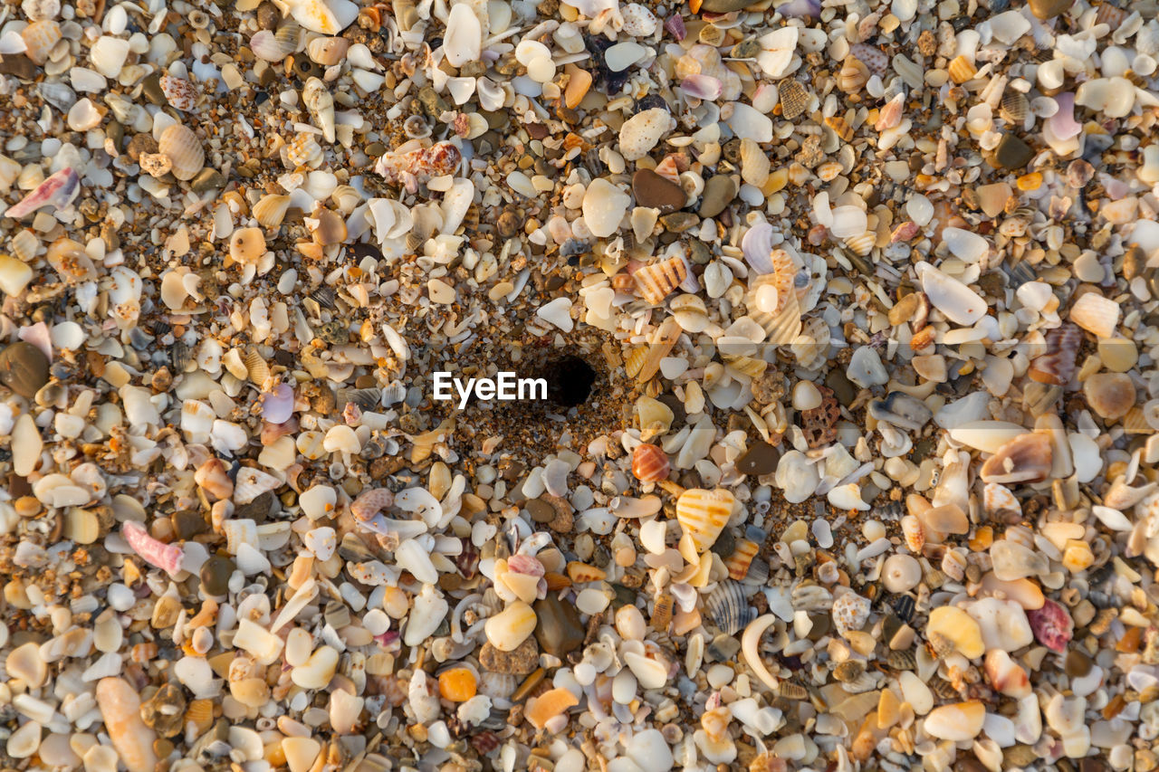 HIGH ANGLE VIEW OF STONES ON PEBBLES