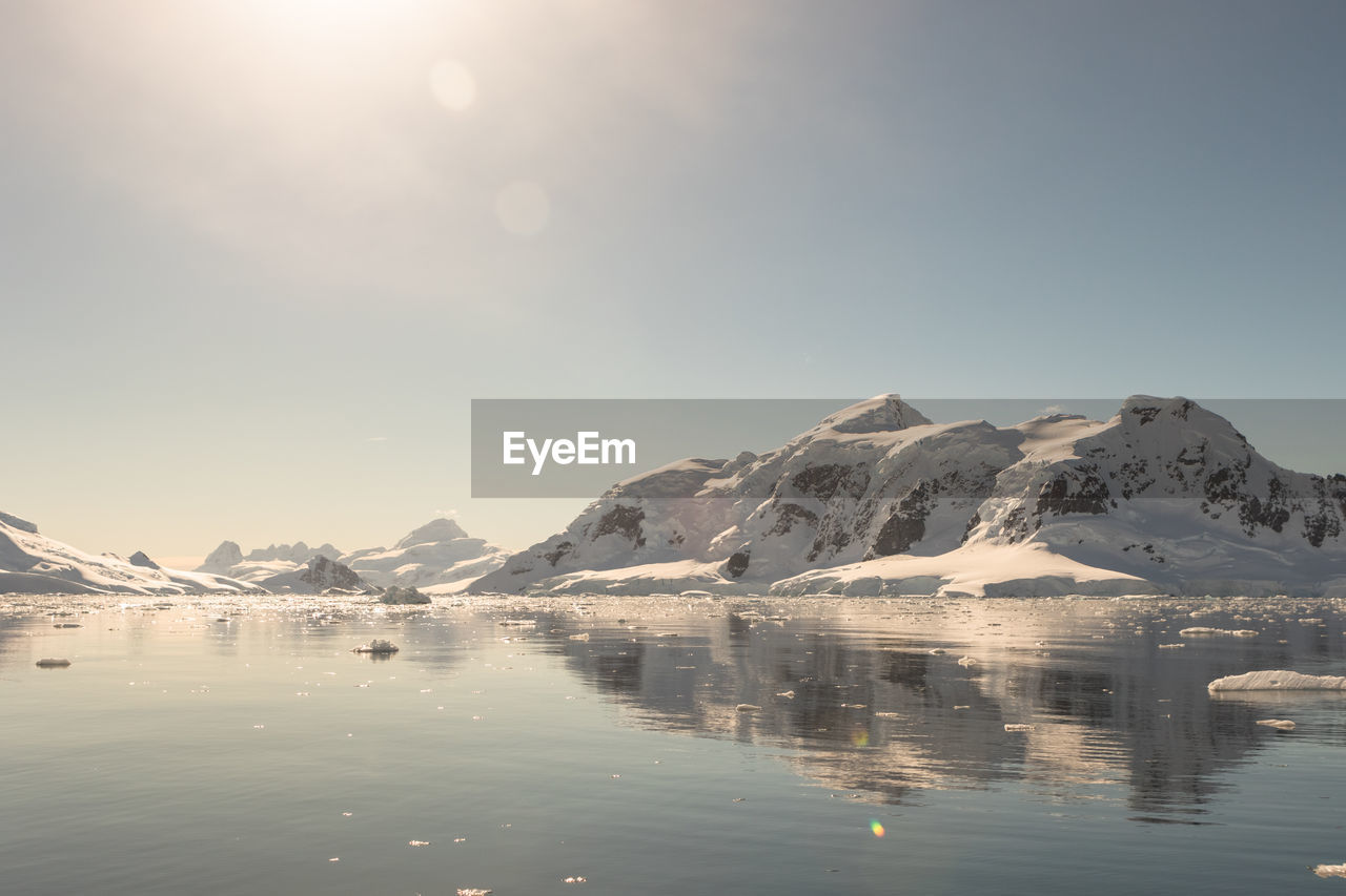 SCENIC VIEW OF LAKE BY SNOWCAPPED MOUNTAIN AGAINST SKY