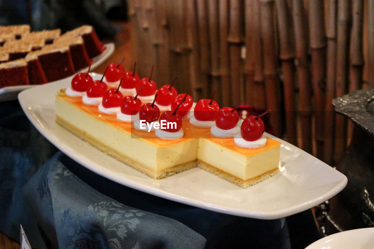 Close-up of cake in tray on table