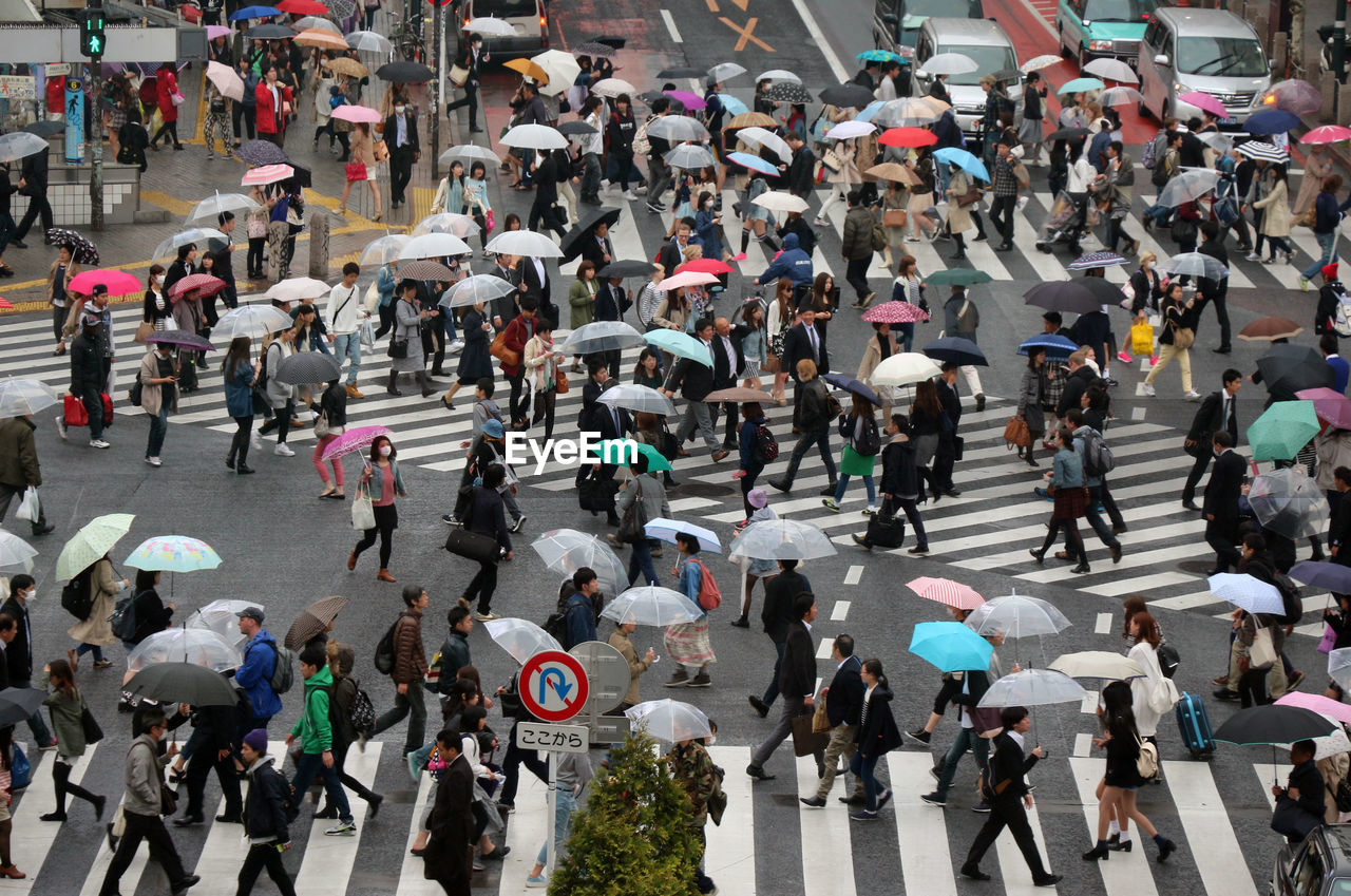 High angle view of people with umbrellas crossing road in city