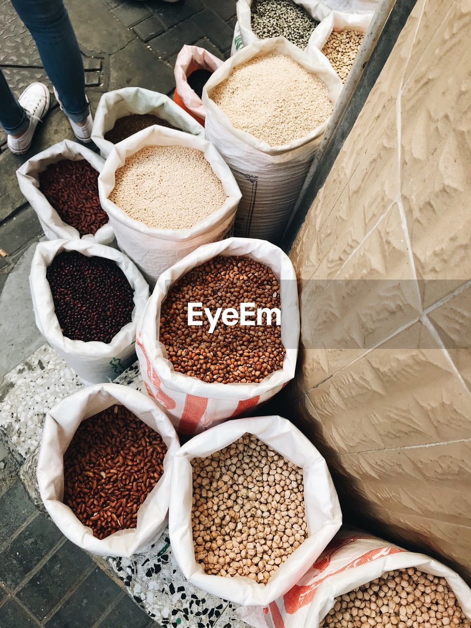 HIGH ANGLE VIEW OF SPICES FOR SALE IN MARKET