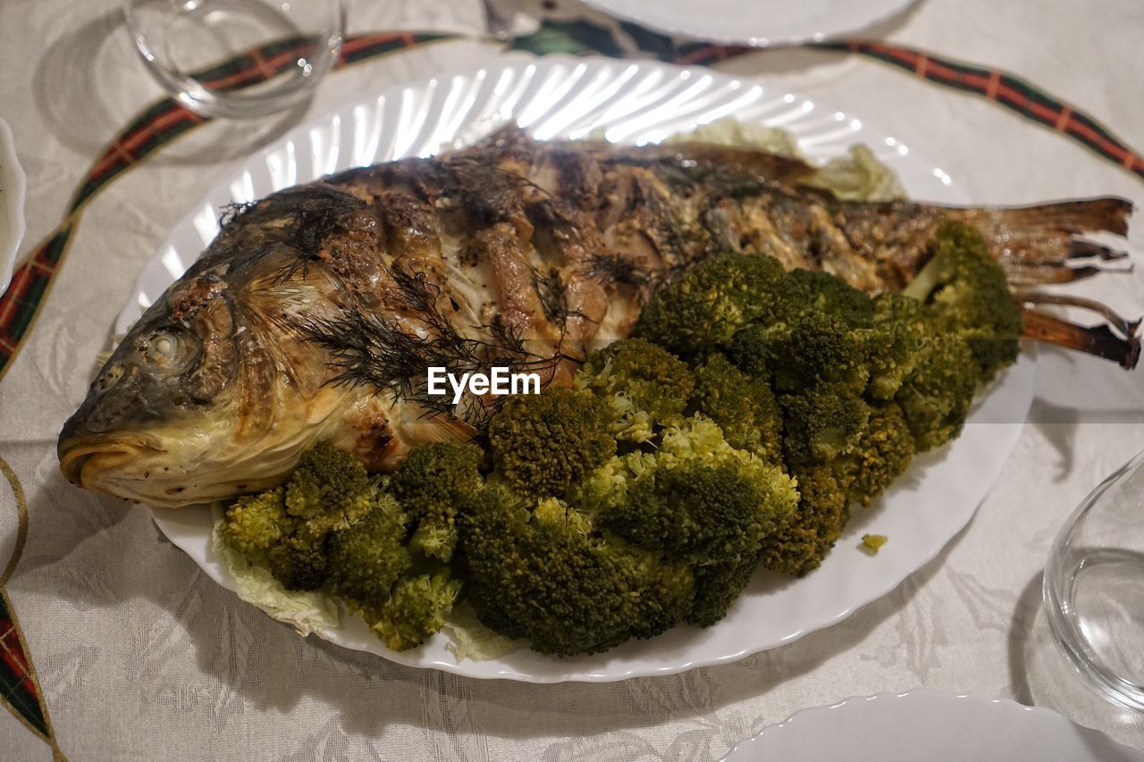 HIGH ANGLE VIEW OF FISH IN PLATE