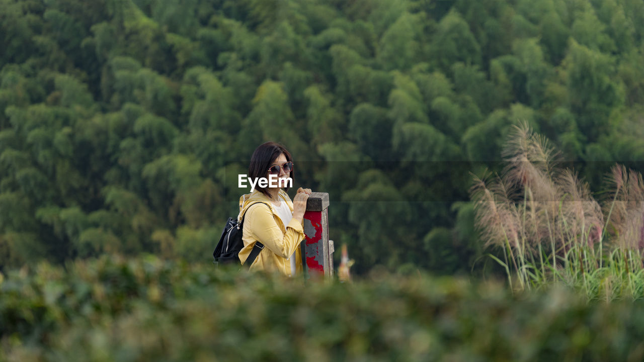 Young woman standing among tea tree garden