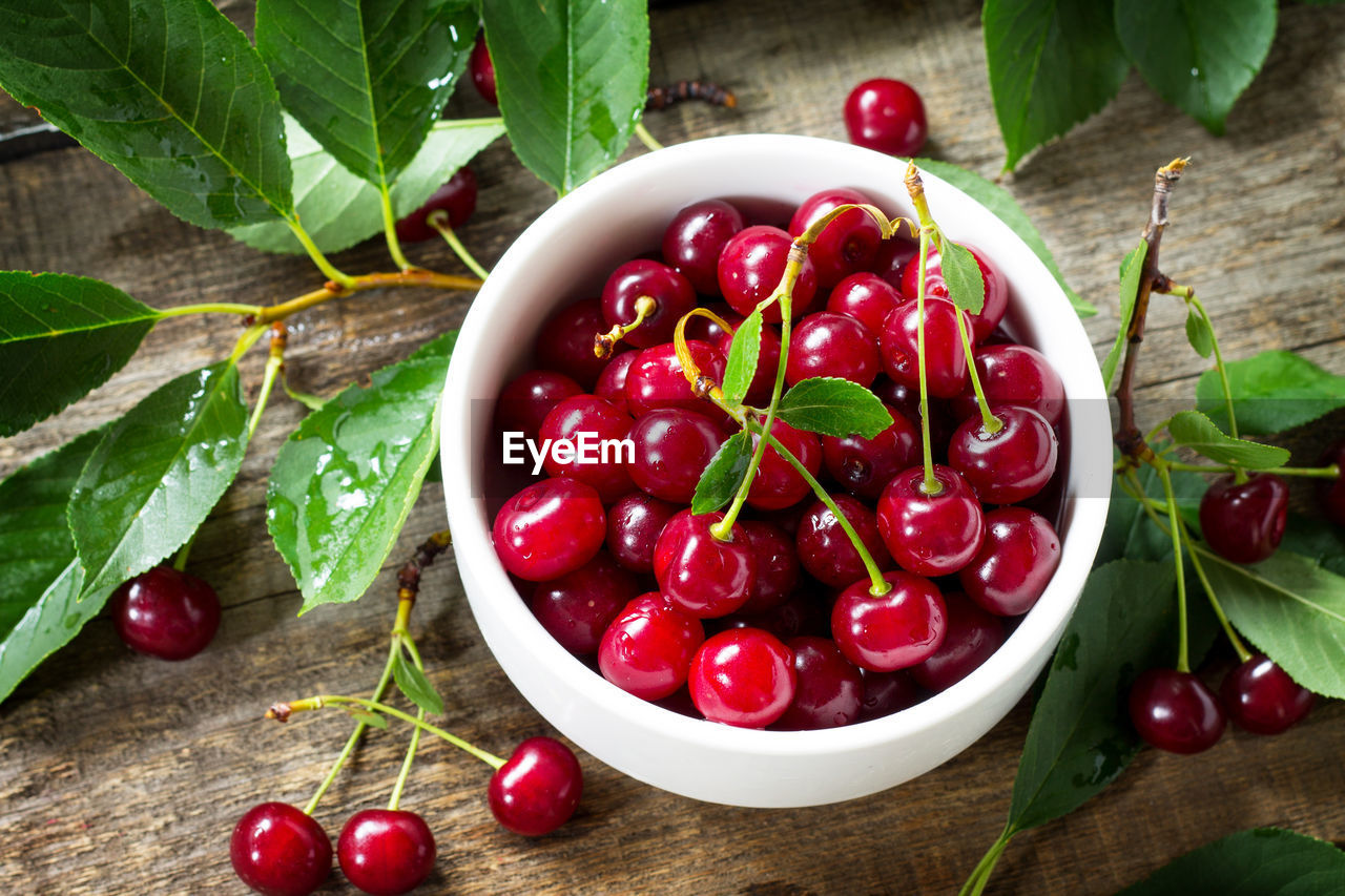 HIGH ANGLE VIEW OF CHERRIES IN BOWL