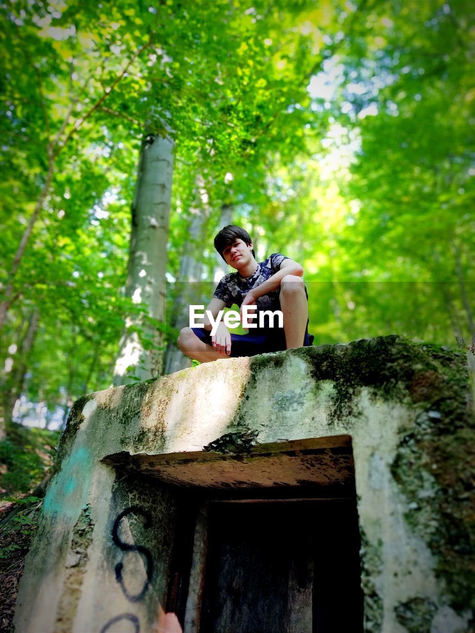 FULL LENGTH OF MAN SITTING ON WOODEN WALL IN FOREST