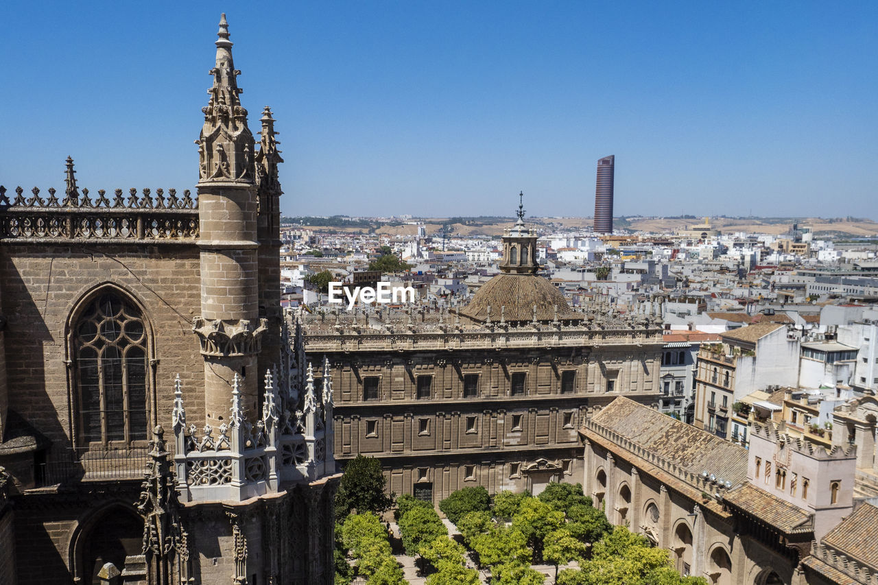 High angle view of buildings in city