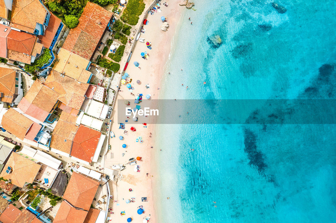 Aerial view of town and beach in lefkada island