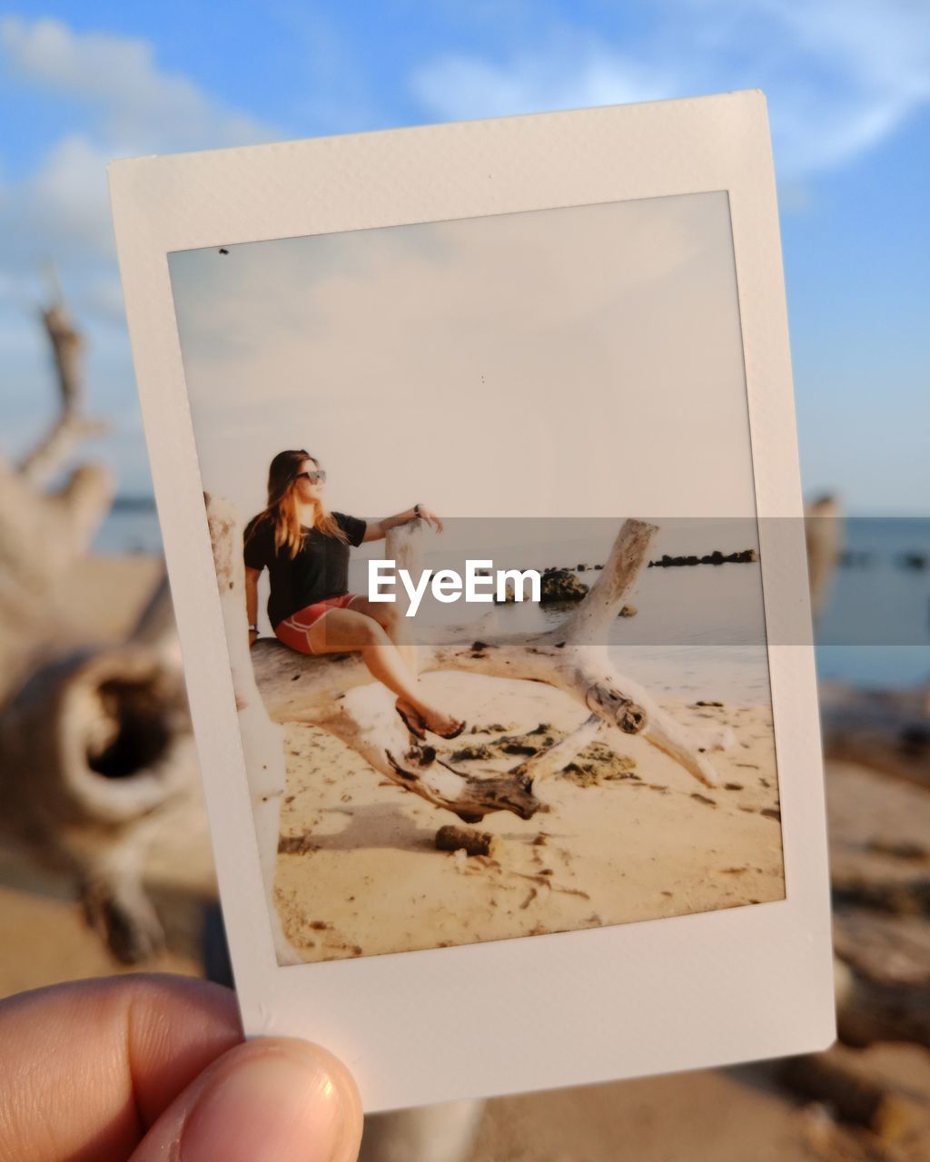 Cropped hand of woman holding instant print transfer at beach against sky