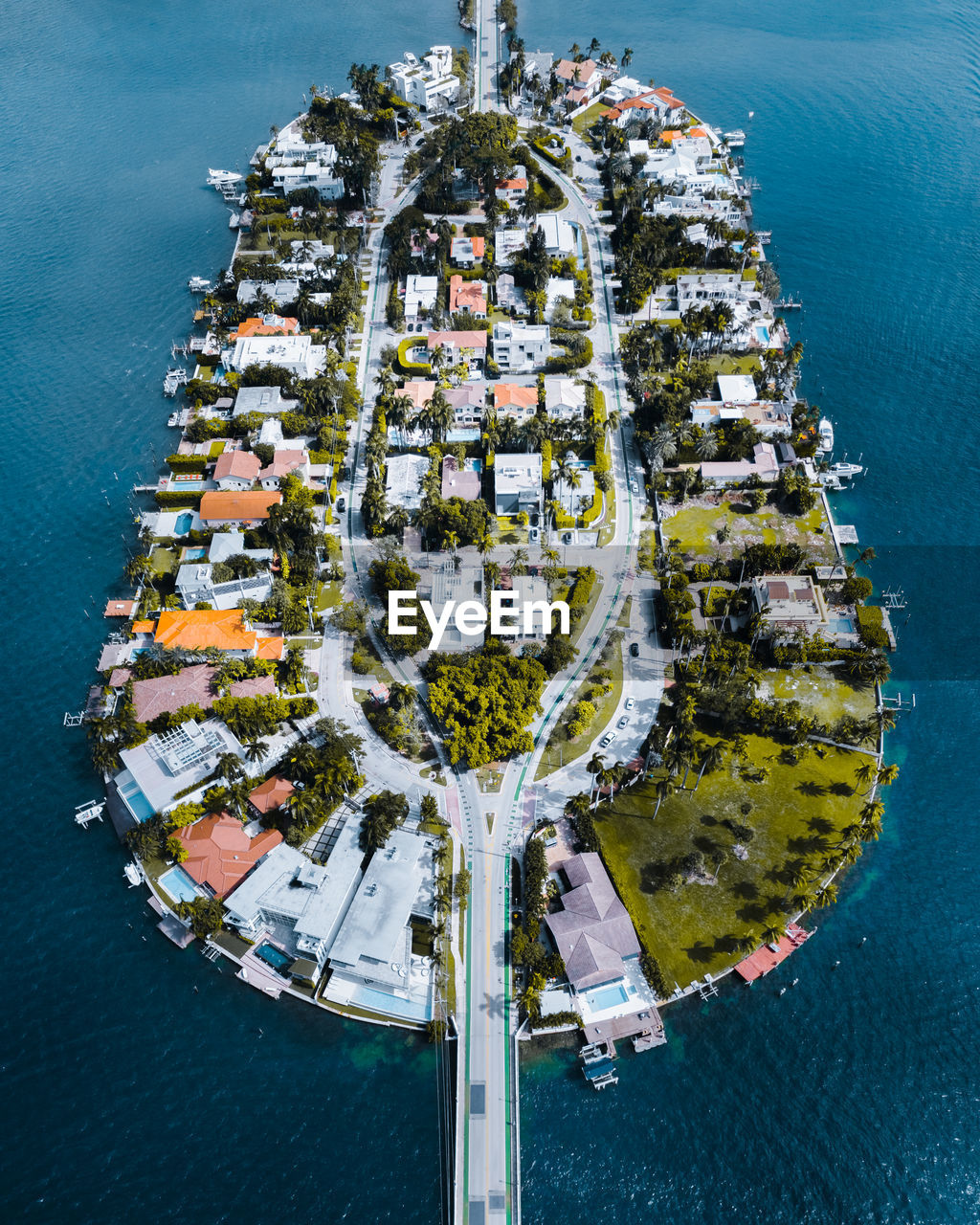 Aerial view of houses on island