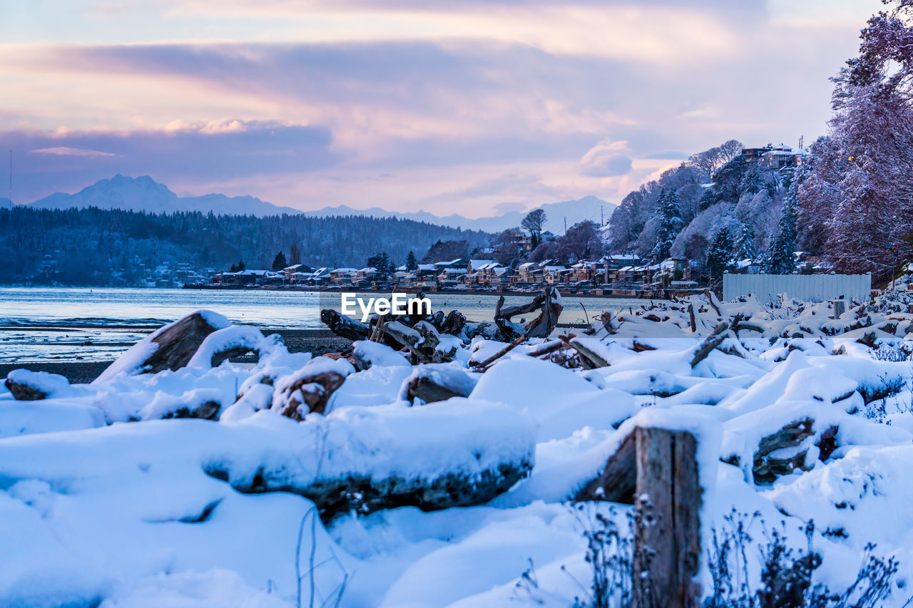 Snow cover the shoreline with three tree point in the distance.